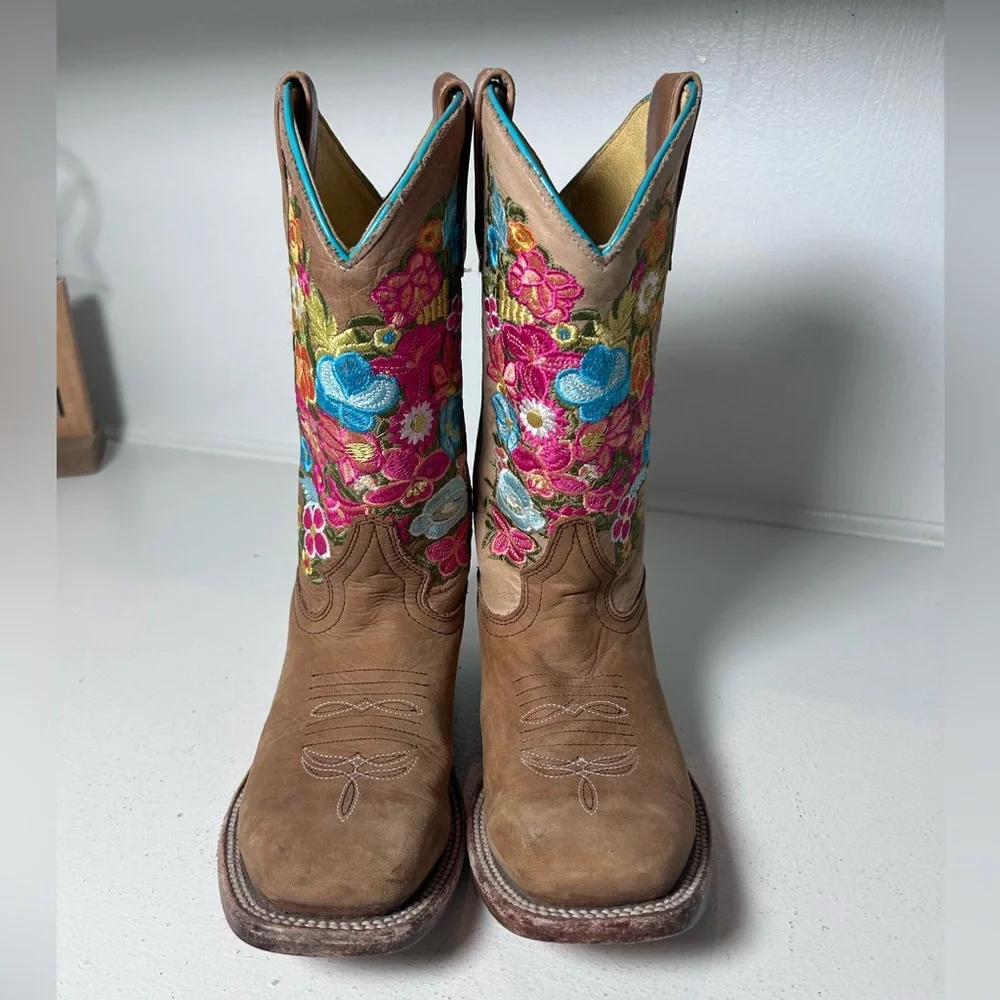 Macie Bean Girls Western Boots Size 2 Floral Embroidered Leather Cowgirl Boots - Picture 2 of 8